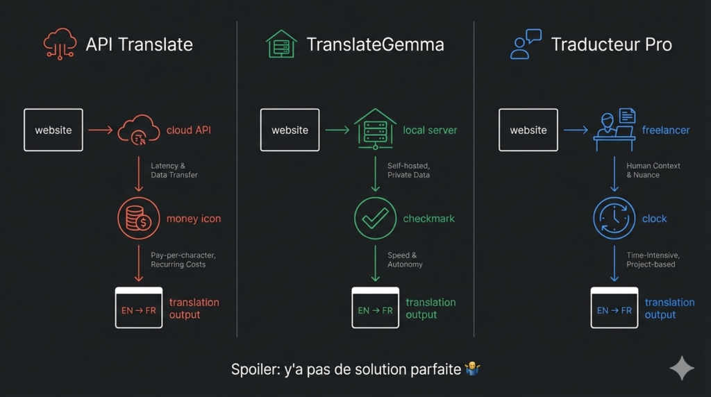 Trois approches pour traduire un site web : API, self-hosted, ou humain Comparaison flux traduction : API cloud vs TranslateGemma auto-hébergé vs traducteur humain
