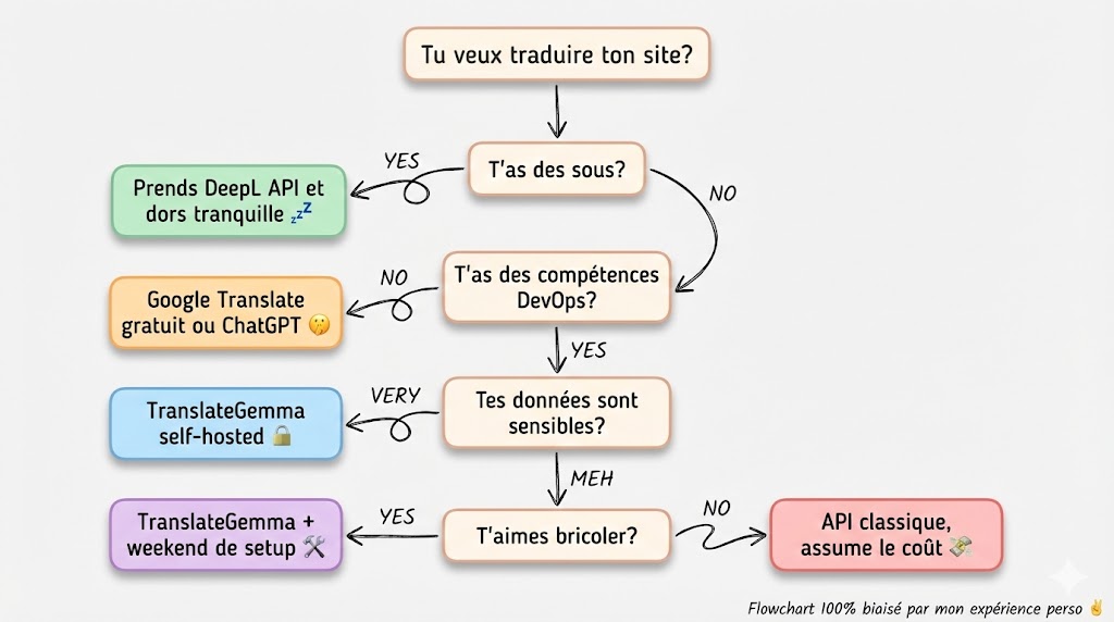 Arbre décision choix solution traduction site web : TranslateGemma, API ou traducteur professionnel