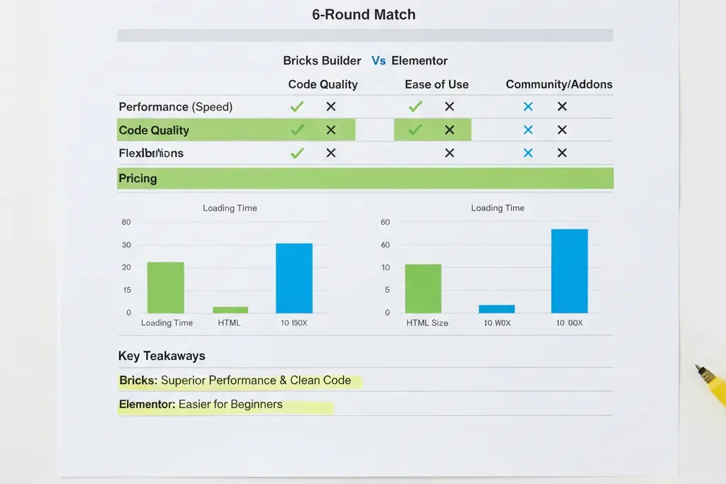 Infographie récapitulative du comparatif Bricks vs Elementor avec 6 rounds de tests, scores de performance, et gagnants par catégorie
